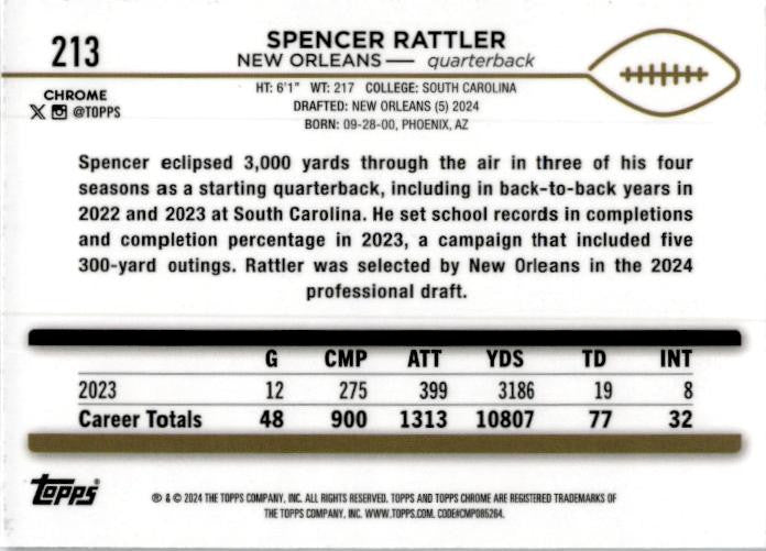 2024 Topps Chrome #213 Spencer Rattler Rookie Saints