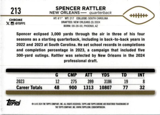 2024 Topps Chrome #213 Spencer Rattler Rookie Saints