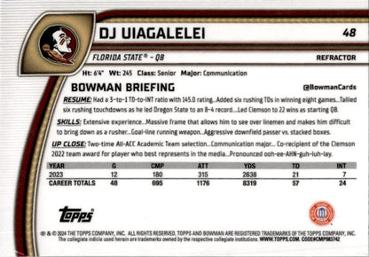 2024 Bowman University Chrome Refractor #48 DJ Uiagalelei Seminoles