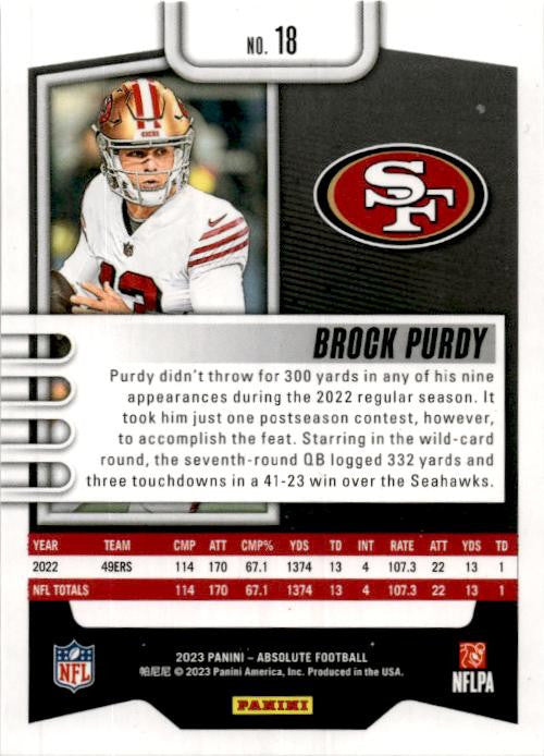 2023 Panini Absolute #18 Brock Purdy San Francisco 49ers