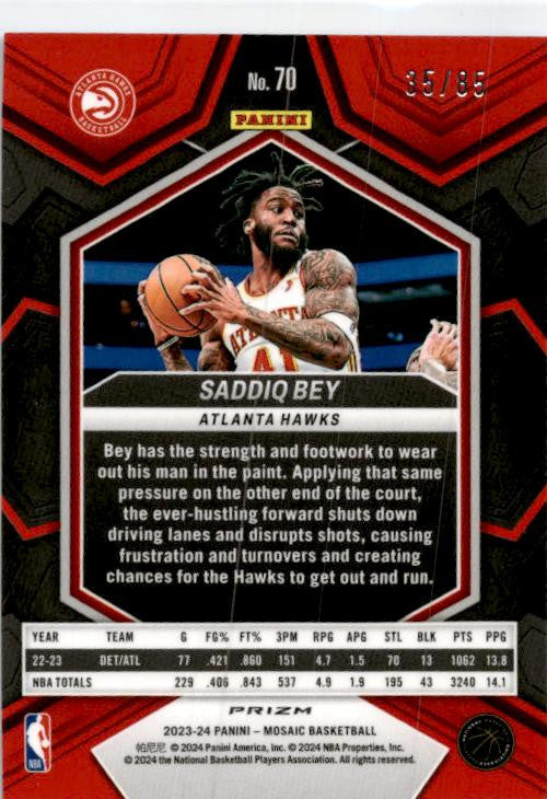 2023-24 Panini Mosaic Blue Fast Break – /85 #70 Saddiq Bey Atlanta Hawks