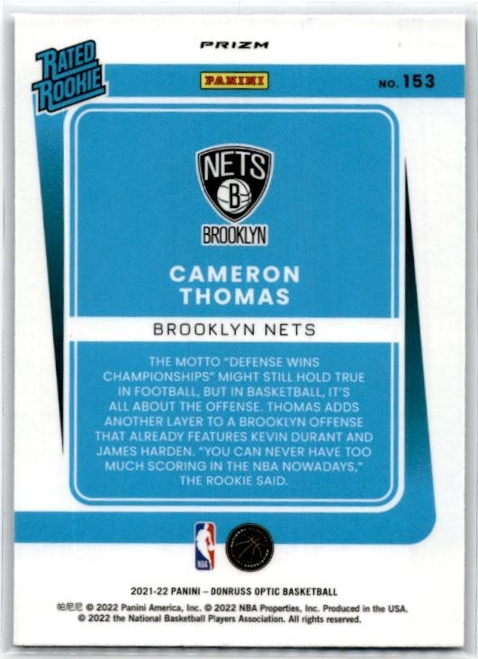 2021-22 Donruss Optic Purple #153 Cameron Thomas Rookie Brooklyn Nets