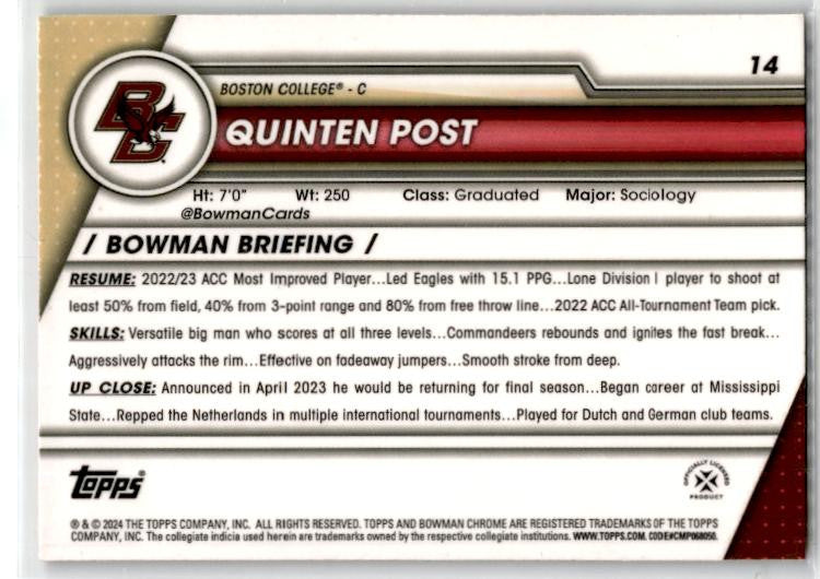 2023-24 Bowman University Chrome Pink #14 Quinten Post Boston College Eagles
