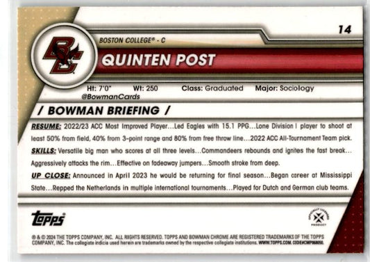 2023-24 Bowman University Chrome Pink #14 Quinten Post Boston College Eagles