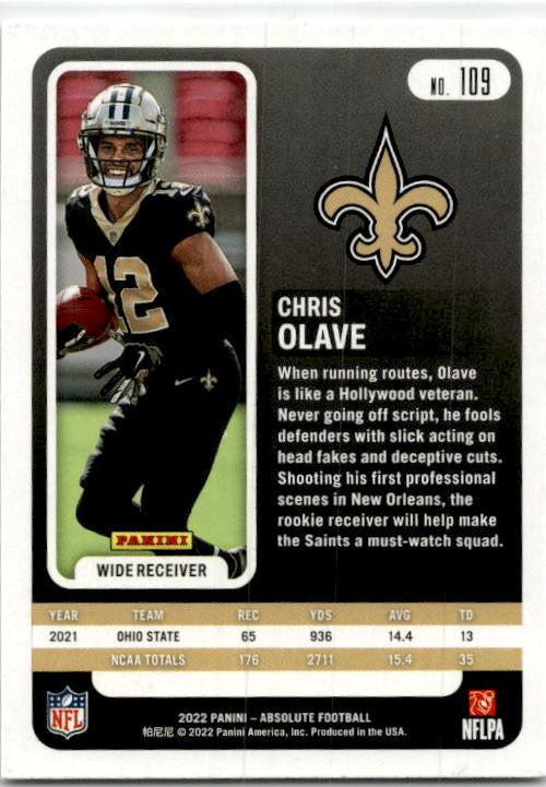 2022 Panini Absolute #109 Chris Olave Rookie New Orleans Saints