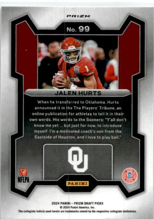 2024 Panini Prizm Draft Picks Silver #99 Jalen Hurts Oklahoma Sooners