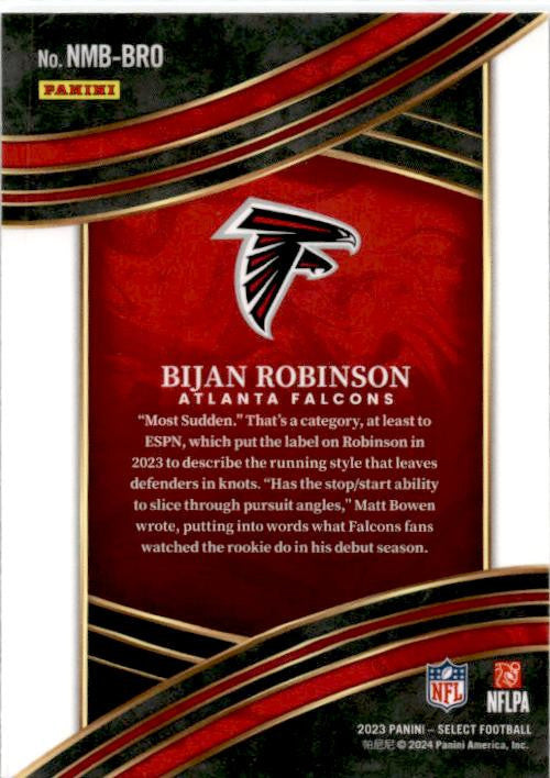 2023 Panini Select Select Numbers #NMB-BRO Bijan Robinson Atlanta Falcons