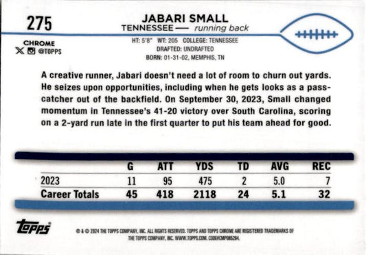 2024 Topps Chrome Pink /399 #275 Jabari Small Rookie Tennessee
