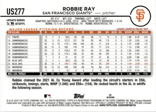 2024 Topps Update Holiday #US277 Robbie Ray San Francisco Giants