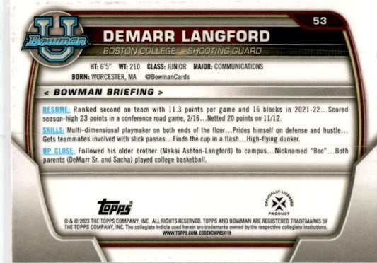 2022-23 Bowman University Chrome Pink #53 Demarr Langford Boston College Eagles
