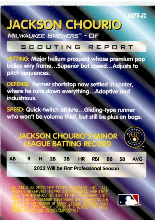2022 Bowman Heritage #94FV-JC Jackson Chourio Base Foil Variations
