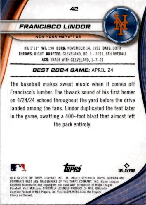 2024 Bowman's Best #42 Francisco Lindor New York Mets