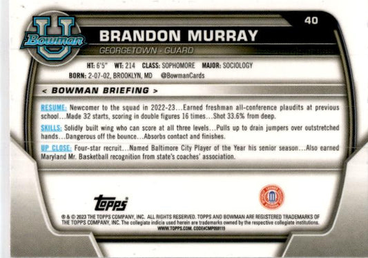 2022-23 Bowman University Chrome Pink #40 Brandon Murray Georgetown Hoyas