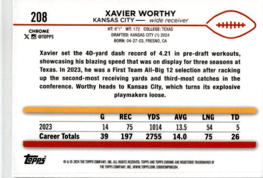 2024 Topps Chorme #208 Xavier Worthy Rookie Kansas City