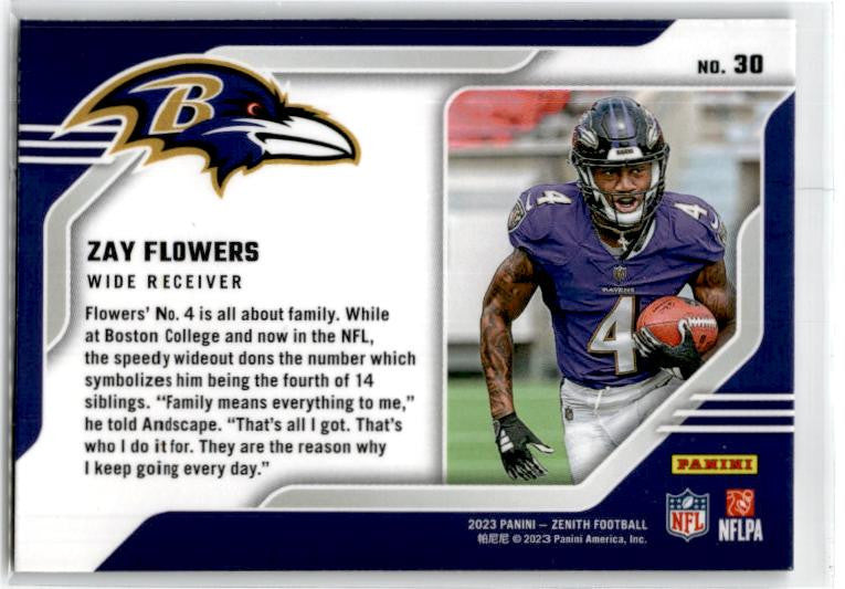 2023 Panini Zenith Behind the Numbers #30 Zay Flowers Baltimore Ravens