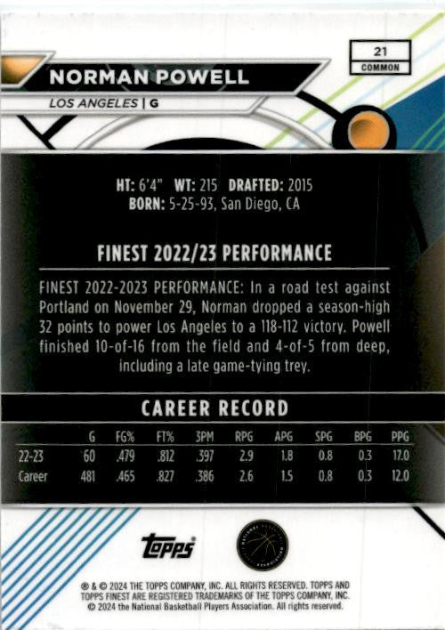 2023-24 Topps Finest #21 Norman Powell Los Angeles Clippers