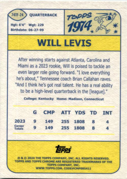 2024 Topps Chorme 1974 Throwback #74TF-24 Will Levis