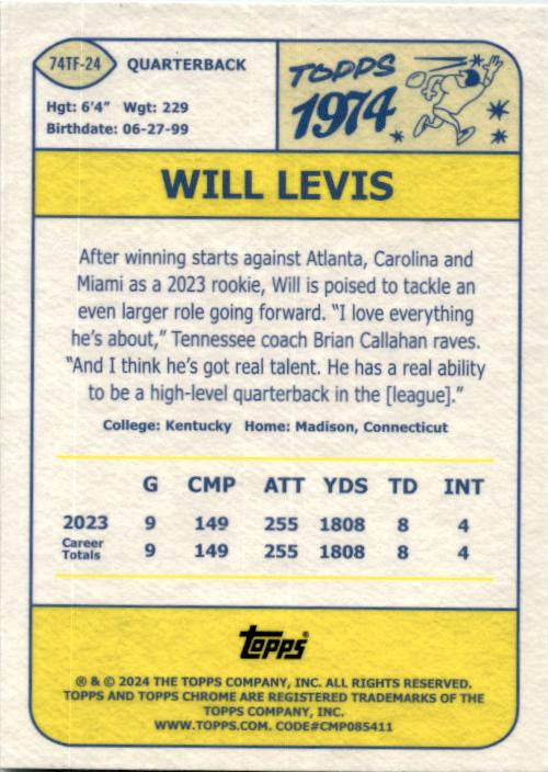 2024 Topps Chorme 1974 Throwback #74TF-24 Will Levis