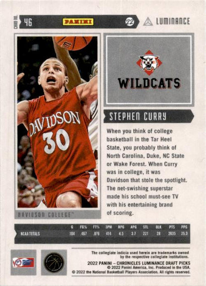 2022 Panini Chronicles Draft Picks Luminance #46 Stephen Curry Davidson Wildcats